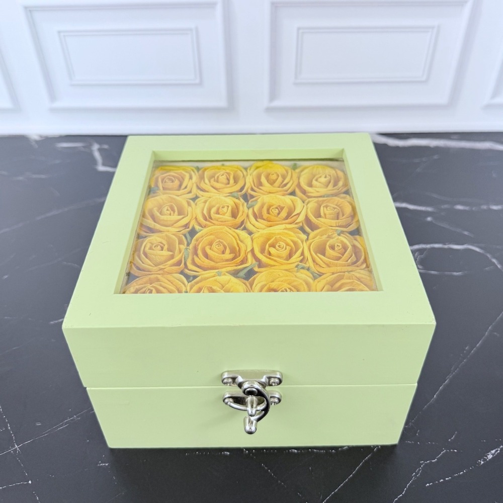 Sage Green Wooden Latching Shadow Box Yellow Roses 6" X 6" X 4"